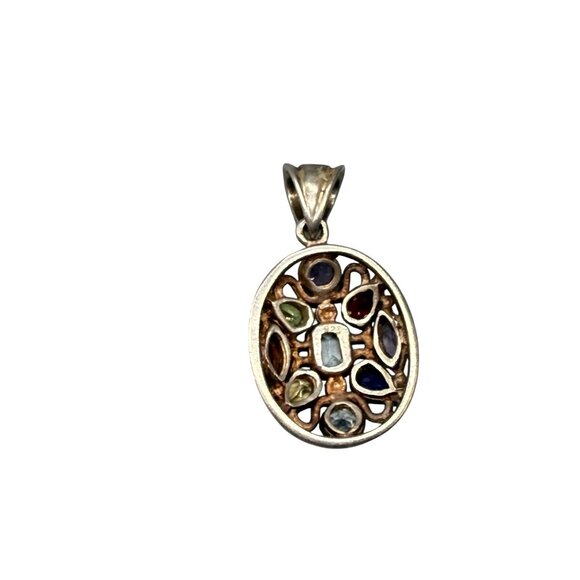 Oval Sterling Silver Pendant With Multi-Color Gemstone Accents & Open Filigree D - Picture 4 of 5